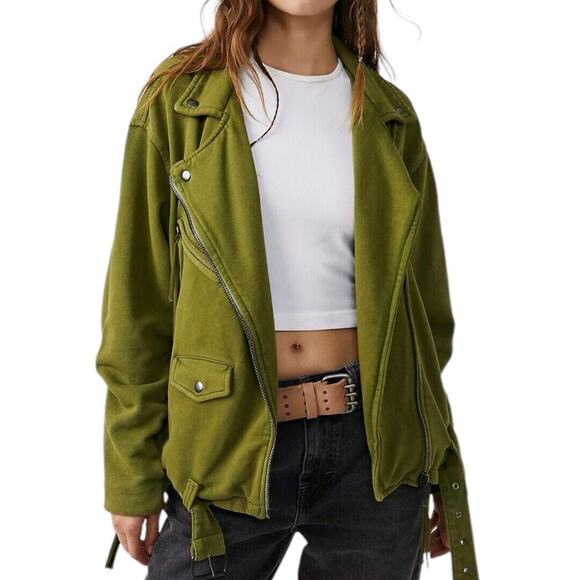 Free People Jackets & Blazers - Free People Rebel Knit Green Moto Jacket SZ S NEW Oversized Slouchy Baggy Cotton
